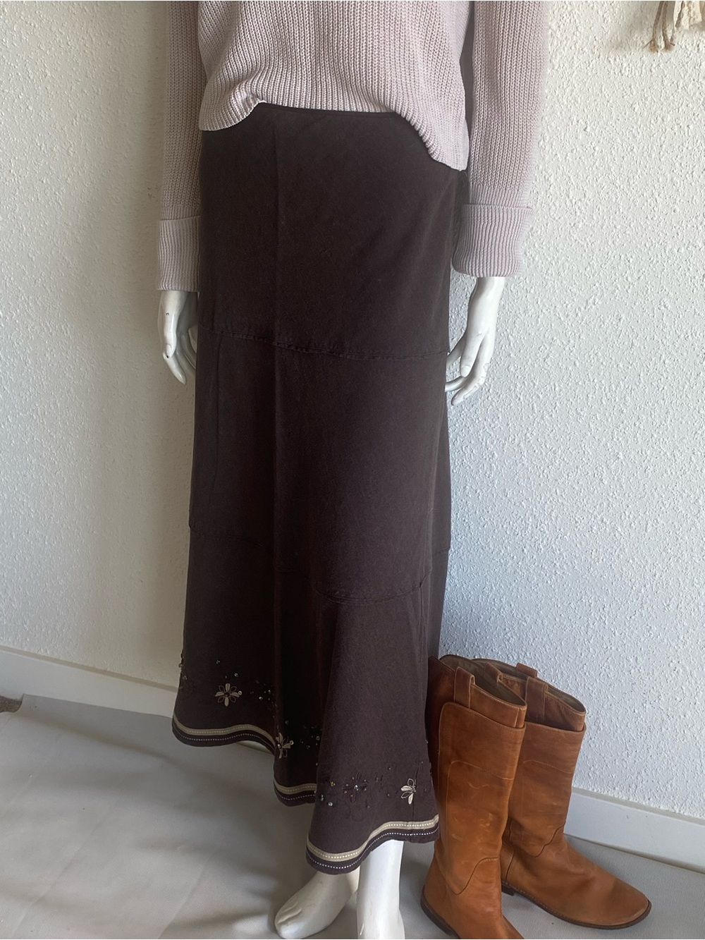 Brown Linen Blend Maxi Skirt Embroidered Hem Boho Cottagecore